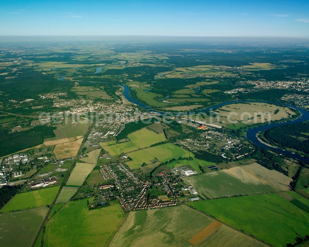 Aerial image Roßlau Elbe - City view from the downtown area with the outskirts with adjacent agricultural fields in Roßlau Elbe in the state Saxony-Anhalt, Germany