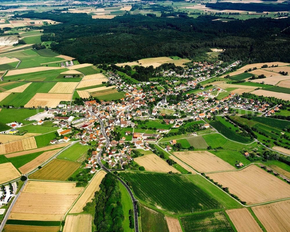 Rulfingen from above - City view from the downtown area with the outskirts with adjacent agricultural fields in Rulfingen in the state Baden-Wuerttemberg, Germany