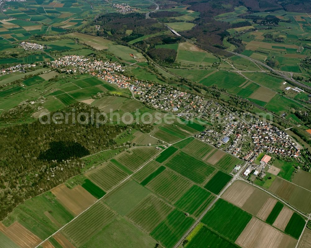 Ruttershausen from the bird's eye view: City view from the downtown area with the outskirts with adjacent agricultural fields in Ruttershausen in the state Hesse, Germany