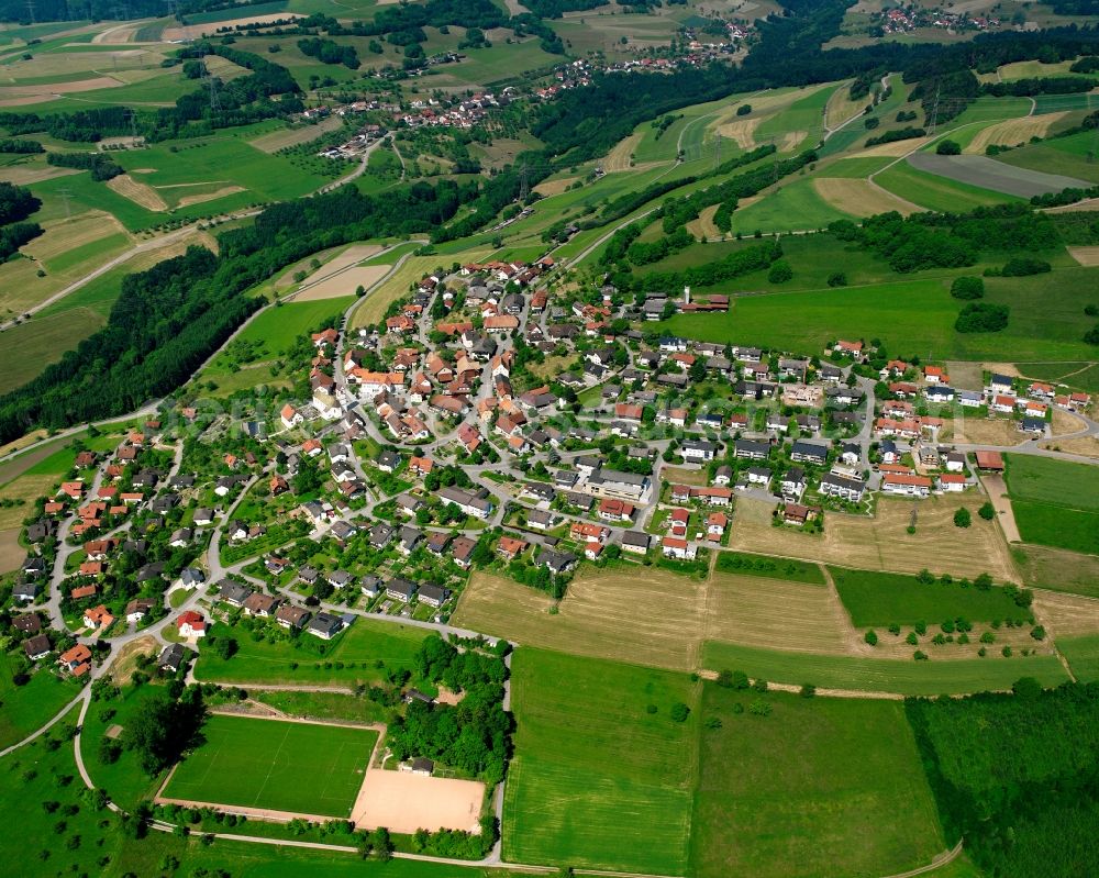 Weilheim from above - City view from the downtown area with the outskirts with adjacent agricultural fields in Weilheim in the state Baden-Wuerttemberg, Germany