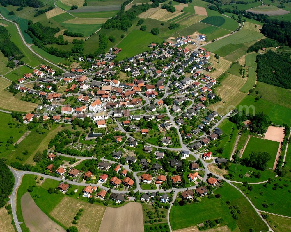 Weilheim from the bird's eye view: City view from the downtown area with the outskirts with adjacent agricultural fields in Weilheim in the state Baden-Wuerttemberg, Germany