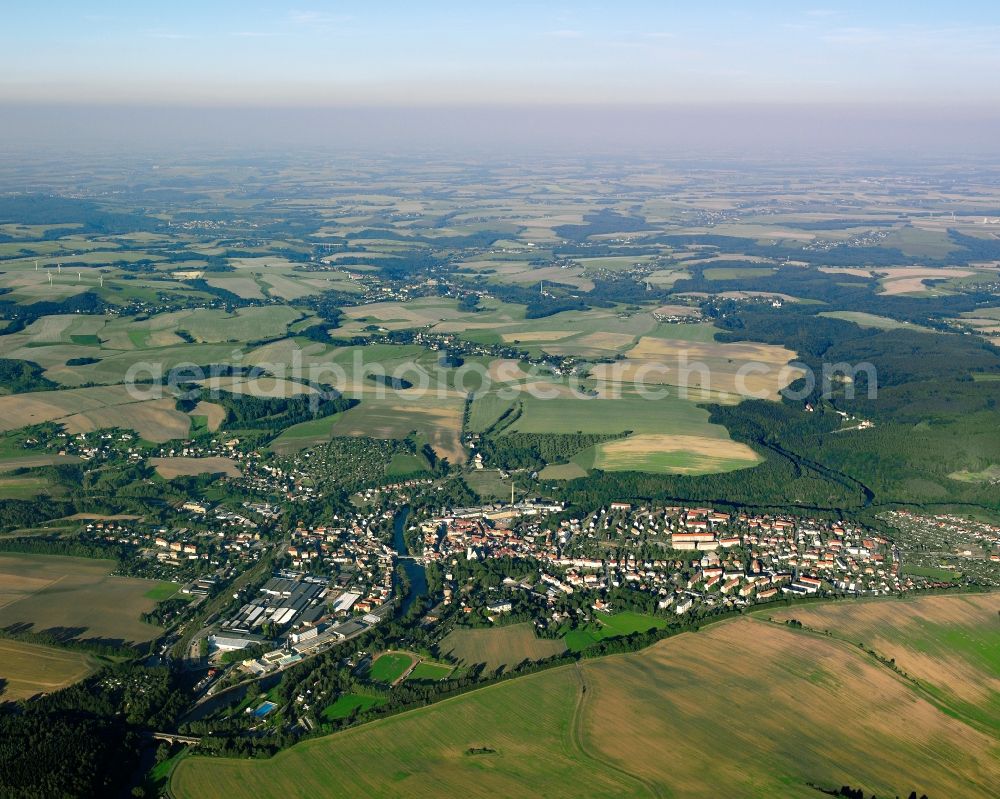 Aerial image Wernsdorf - City view from the downtown area with the outskirts with adjacent agricultural fields in Wernsdorf in the state Saxony, Germany