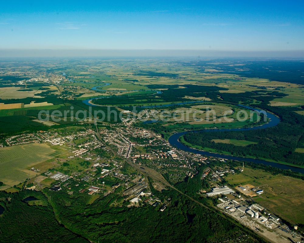 Wörlitz from above - City view from the downtown area with the outskirts with adjacent agricultural fields in Wörlitz in the state Saxony-Anhalt, Germany