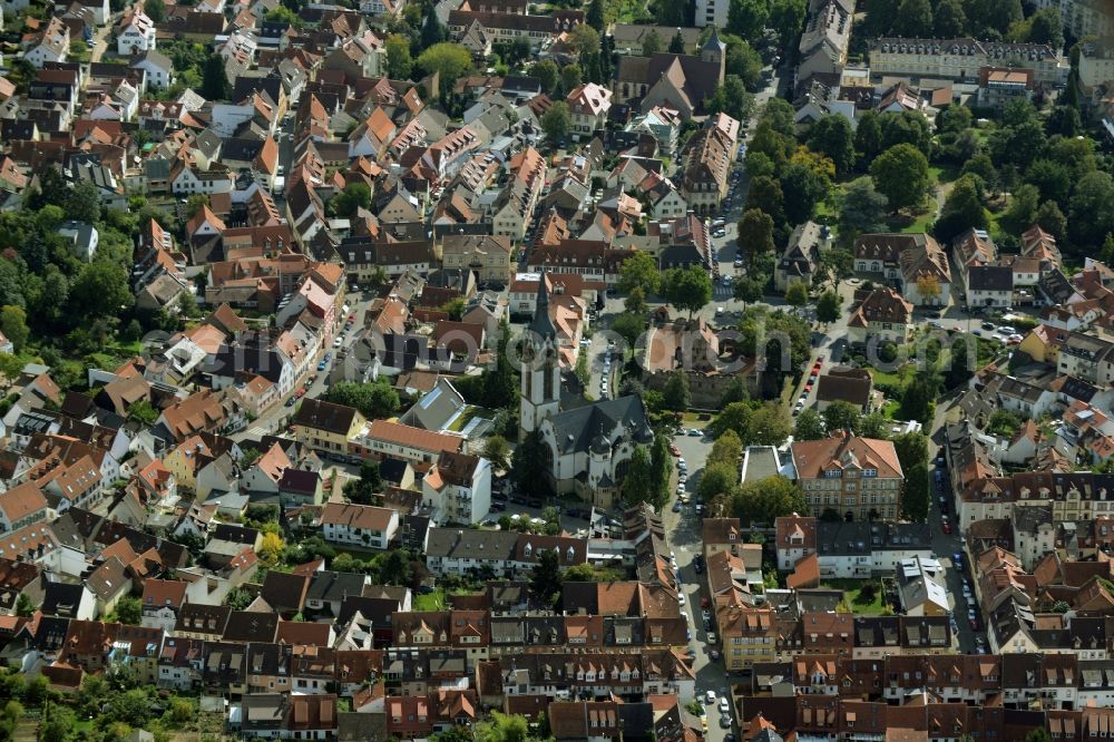 Heidelberg from the bird's eye view: View of the town centre of the Handschuhsheim part of Heidelberg in the state of Baden-Wuerttemberg. Peace church is located here