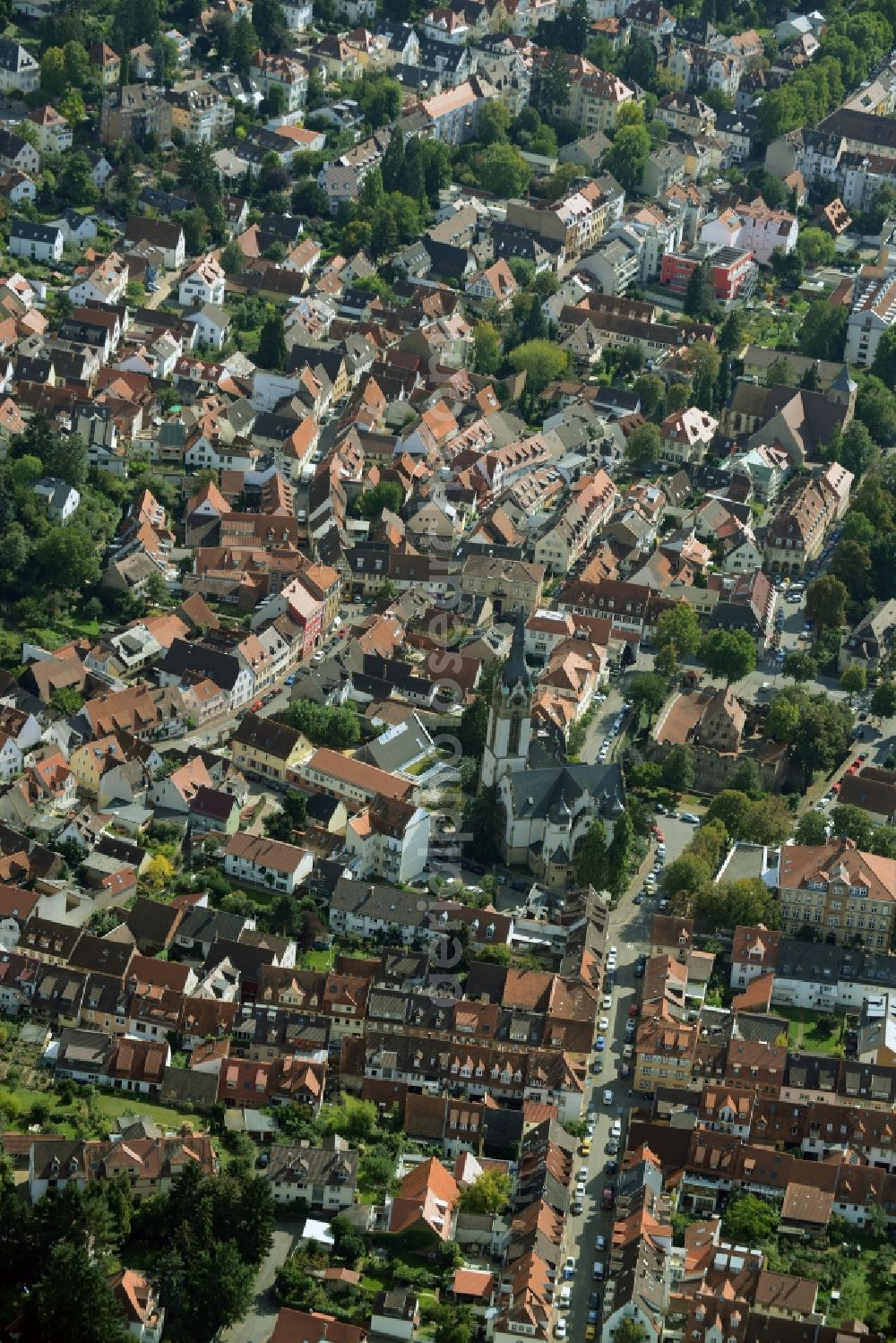 Aerial image Heidelberg - View of the town centre of the Handschuhsheim part of Heidelberg in the state of Baden-Wuerttemberg. Peace church is located here