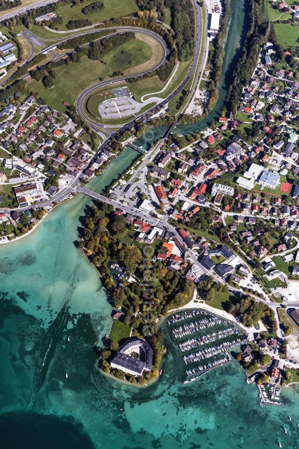 Schörfling am Attersee from above - City view of the downtown area on the shore areas of Attersee in Schoerfling am Attersee in Oberoesterreich, Austria