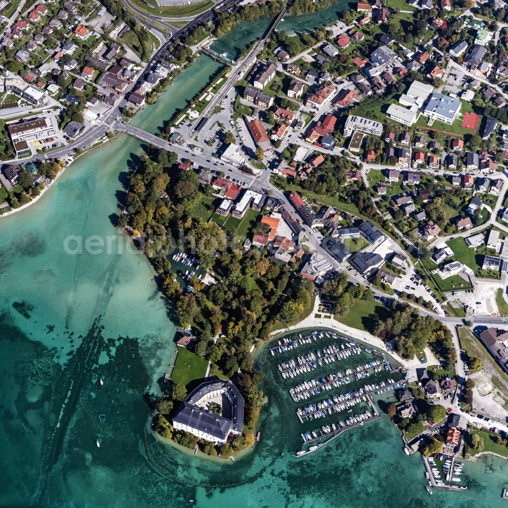 Schörfling am Attersee from the bird's eye view: City view of the downtown area on the shore areas of Attersee in Schoerfling am Attersee in Oberoesterreich, Austria