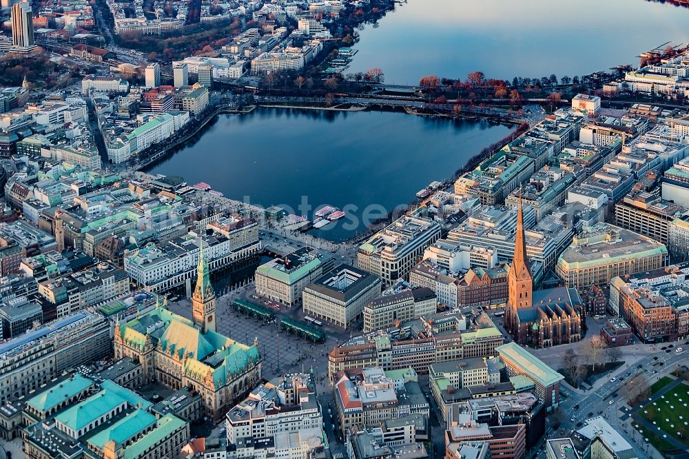 Hamburg from above - City view of the downtown area on the shore areas of Binnenalster in the district Altstadt in Hamburg, Germany