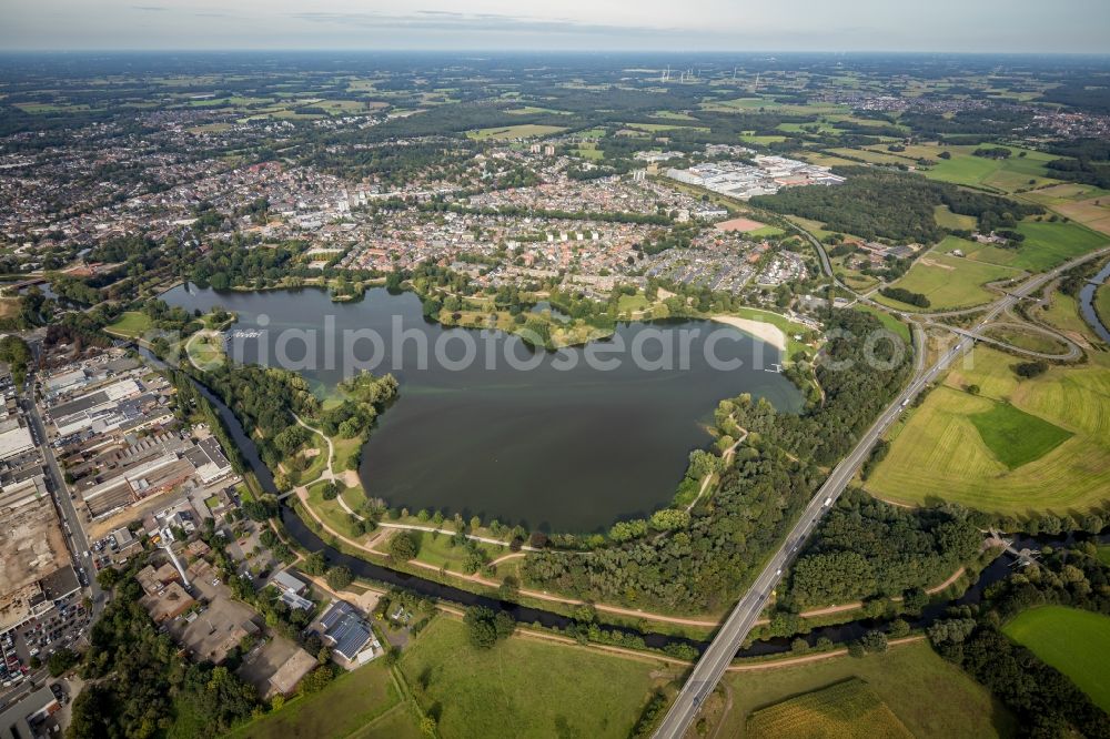 Bocholt from above - City view of the downtown area on the shore areas of Bocholter Aasee in Bocholt in the state North Rhine-Westphalia, Germany