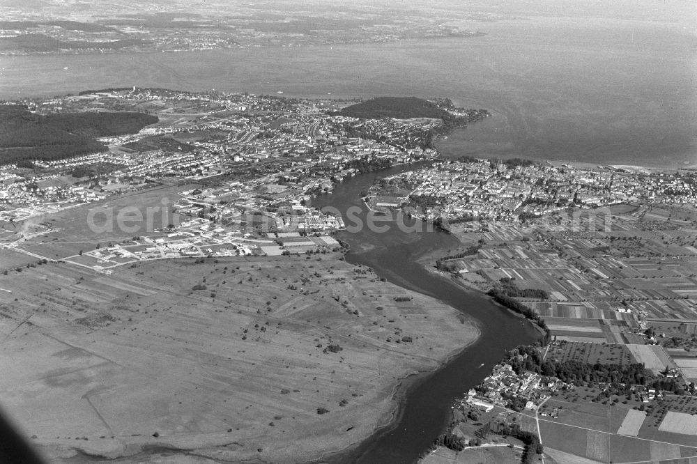 Konstanz from above - City view of the downtown area on the shore areas of Lake of Constance in Konstanz at island Mainau in the state Baden-Wuerttemberg, Germany