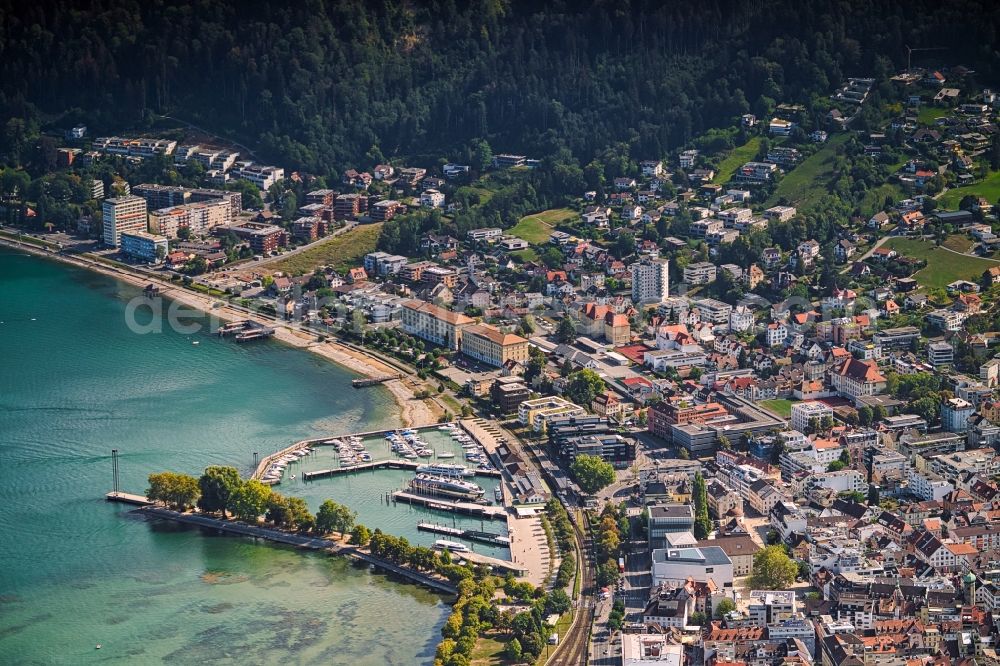 Bregenz from the bird's eye view: City view of the downtown area on the shore areas in Bregenz in Vorarlberg, Austria