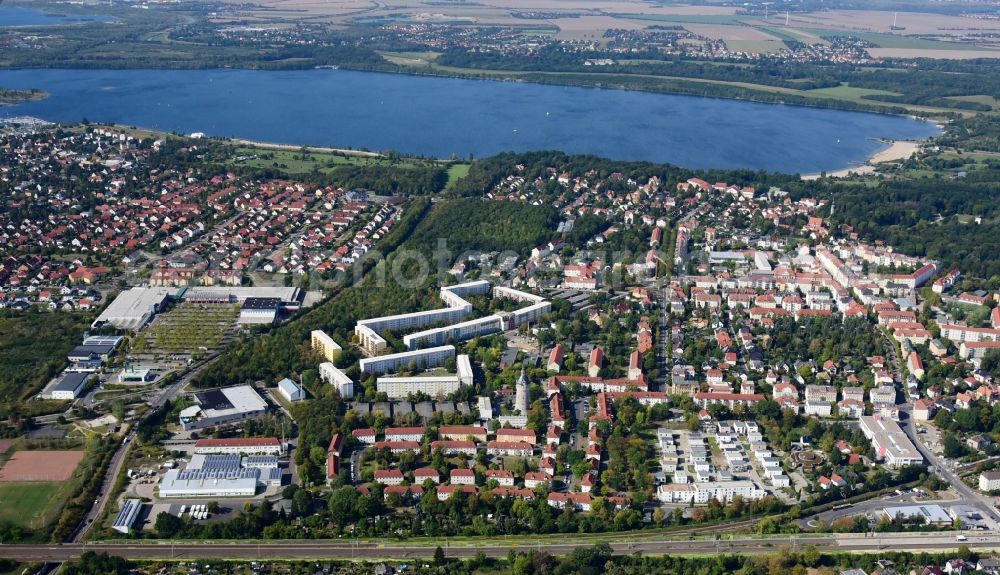 Markkleeberg from above - City view of the downtown area on the shore areas Cospudener See in Markkleeberg in the state Saxony, Germany