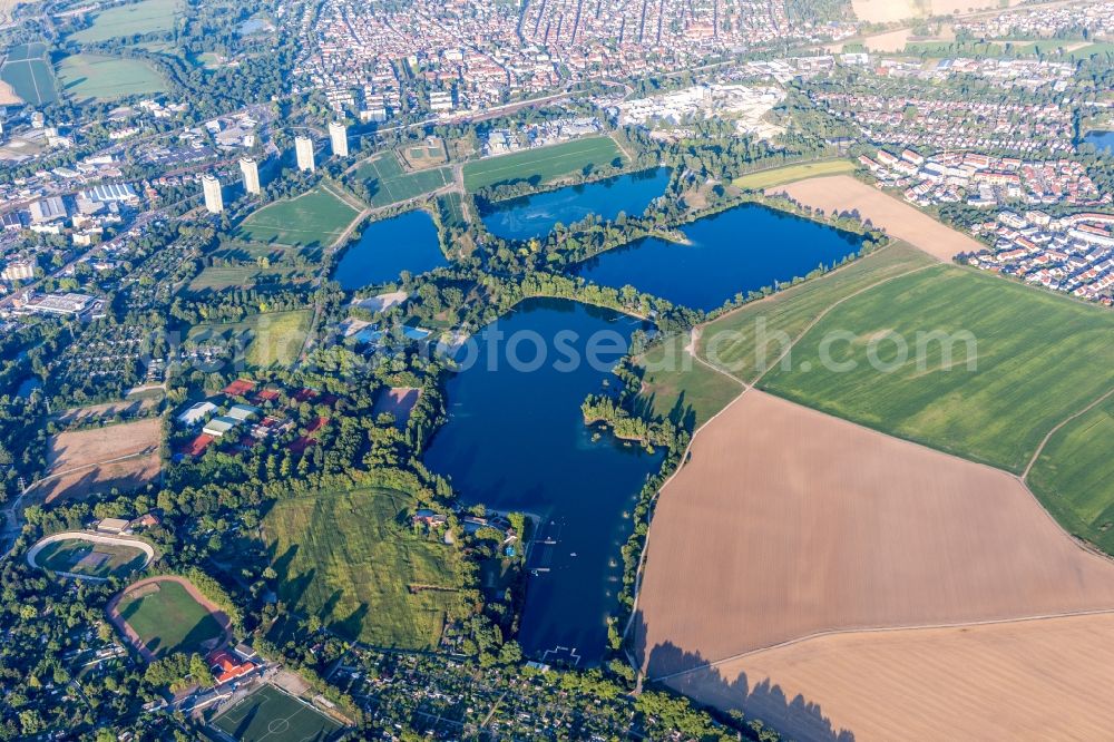 Aerial image Ludwigshafen am Rhein - City view of the downtown area on the shore areas of Freibad on Willersinnweiher in the district Friesenheim in Ludwigshafen am Rhein in the state Rhineland-Palatinate, Germany