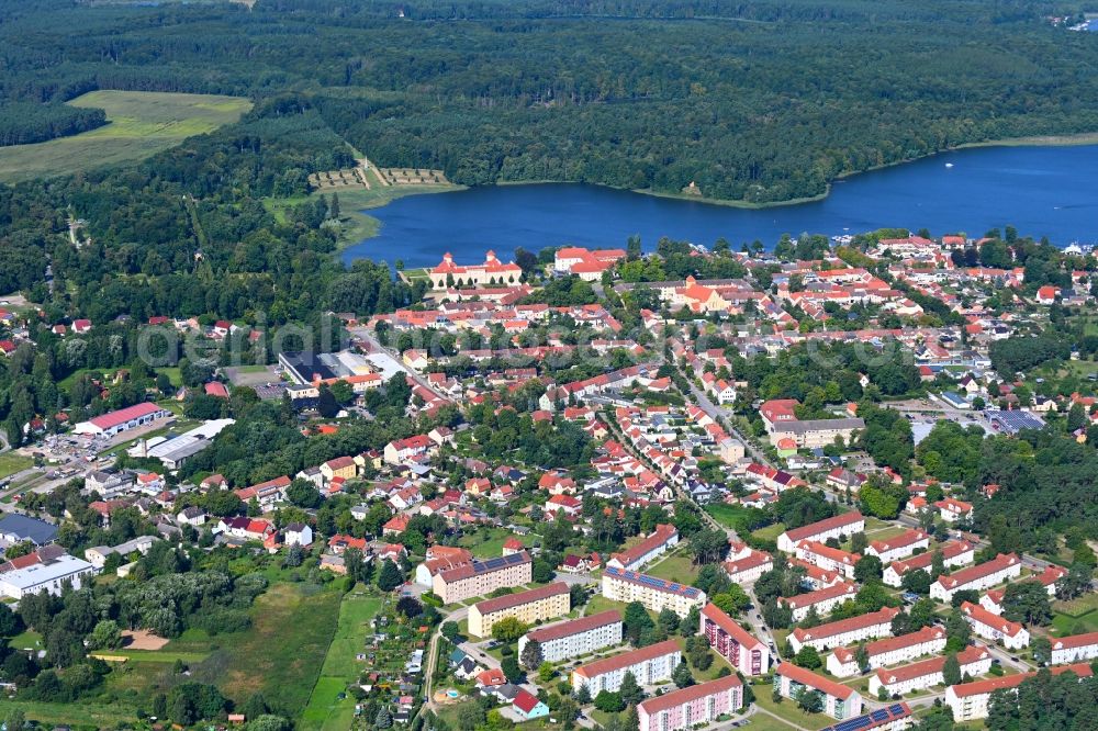 Aerial image Rheinsberg - City view of the downtown area on the shore areas of Grienericksee in Rheinsberg in the state Brandenburg, Germany