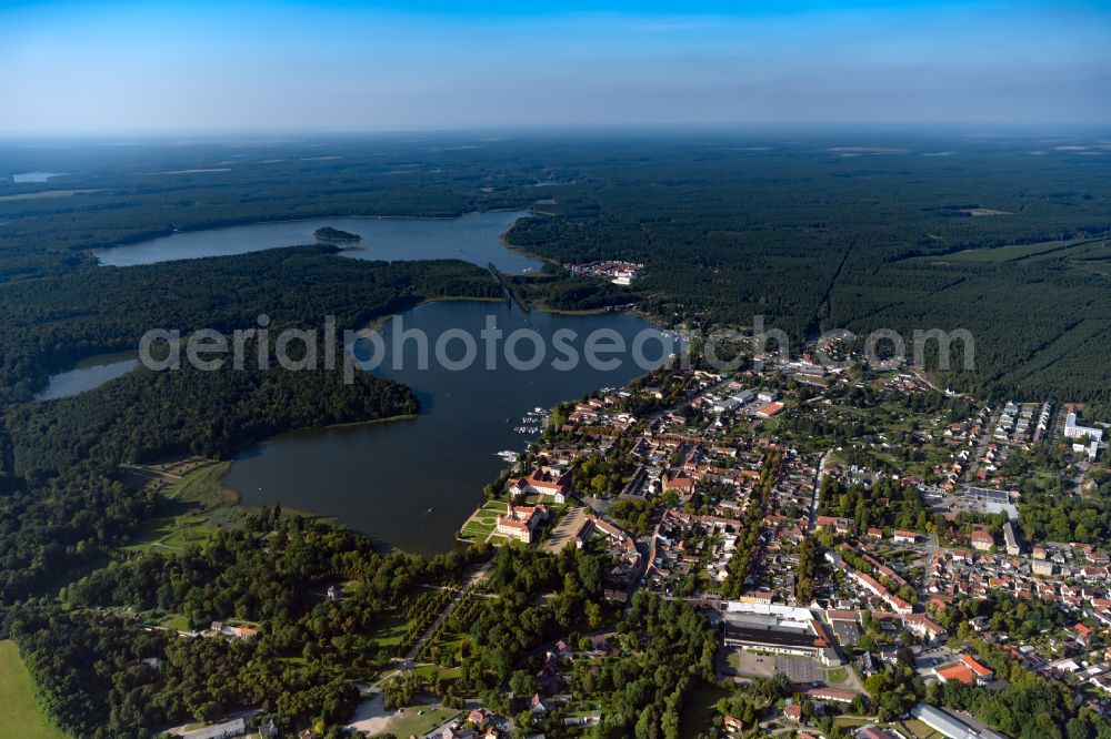 Rheinsberg from above - City view of the downtown area on the shore areas of Grienericksee in Rheinsberg in the state Brandenburg, Germany