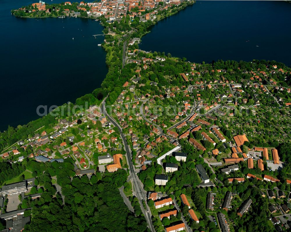 Ratzeburg from above - City view of the downtown area on the shore areas Kuechensee - Domsee on street Herrenstrasse in Ratzeburg in the state Schleswig-Holstein, Germany