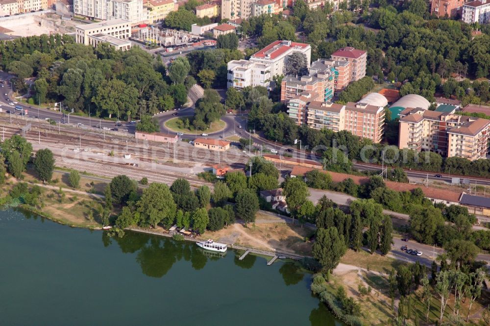 Mantova from the bird's eye view: City view of the downtown area on the shore areas of lago superiore, in the district Angeli in Mantua in Lombardy, Italy