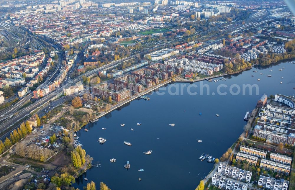 Berlin from above - City view of the downtown area on the shore areas Rummelsburger See in the district Rummelsburg in Berlin, Germany