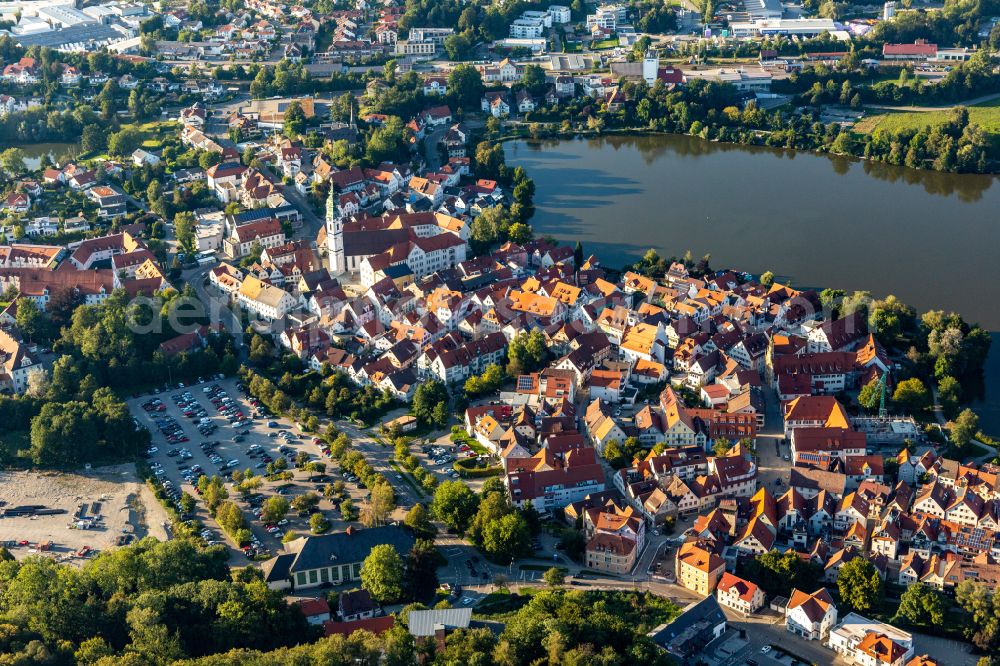 Bad Waldsee from above - City view of the downtown area on the shore areas of Stadtsee in Bad Waldsee in the state Baden-Wuerttemberg, Germany