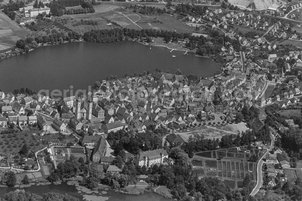 Bad Waldsee from above - City view of the downtown area on the shore areas of Stadtsee in Bad Waldsee in the state Baden-Wuerttemberg, Germany