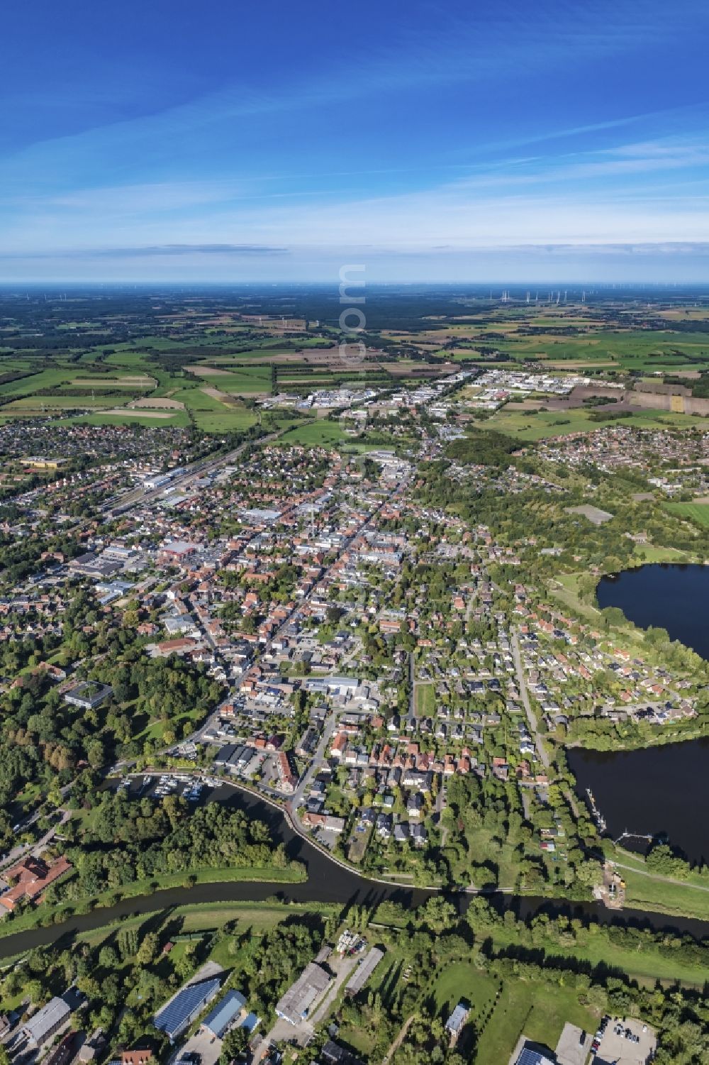 Bremervörde from above - City view of the downtown area on the shore areas of Voerder See in Bremervoerde in the state Lower Saxony, Germany