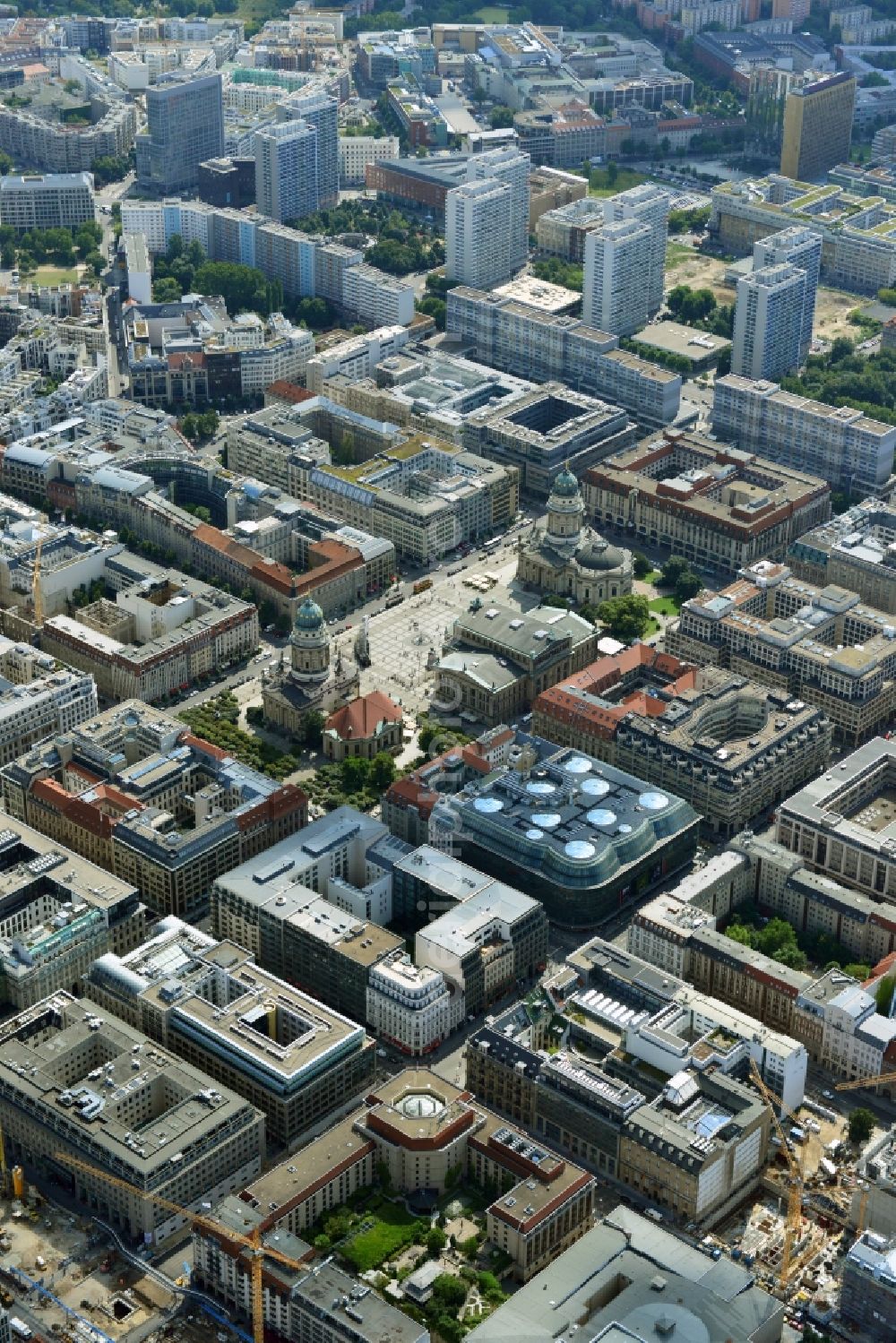 Aerial image Berlin - Cityscape of downtown area on the sites of Friedrichstadtpassagen the ensemble of the Gendarmenmarkt with Schauspielhaus, German and French Cathedral in Berlin