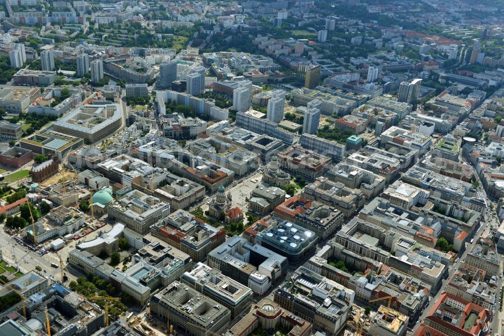 Aerial image Berlin - Cityscape of downtown area on the sites of Friedrichstadtpassagen the ensemble of the Gendarmenmarkt with Schauspielhaus, German and French Cathedral in Berlin