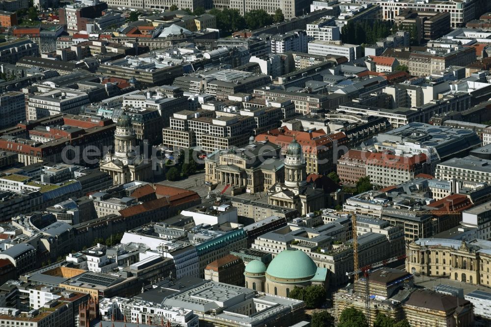 Aerial image Berlin - Cityscape of downtown area on the sites of Friedrichstadtpassagen the ensemble of the Gendarmenmarkt with Schauspielhaus, German and French Cathedral in Berlin