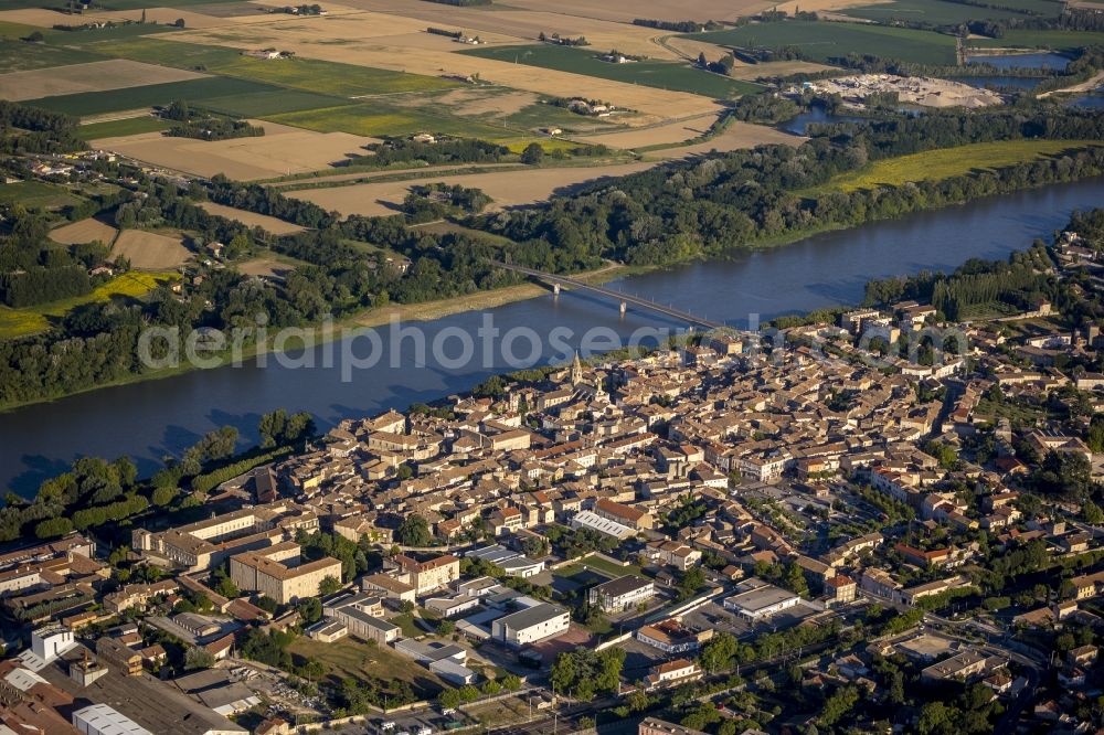 Bourg-Saint-Andéol from above - City center on the banks of the river Rhone in Le Bourg-Saint-Andeol in the province of Rhone-Alpes in France