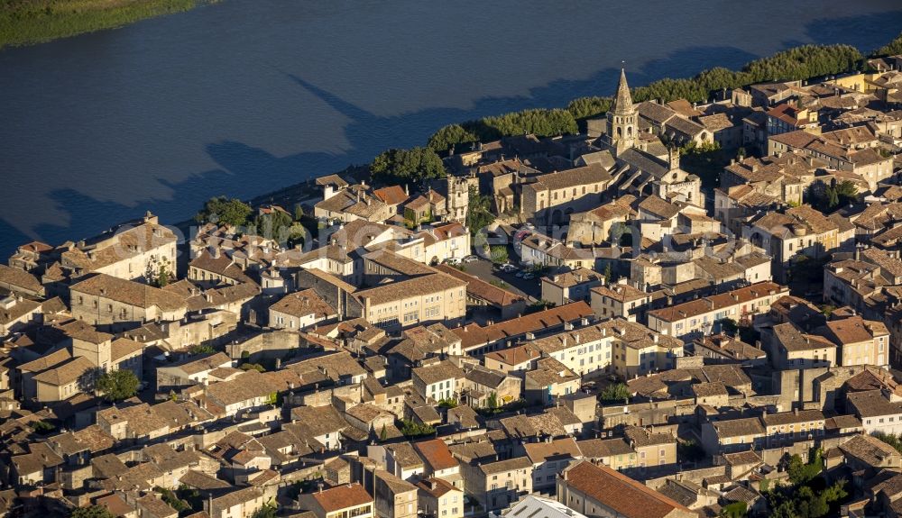 Aerial image Bourg-Saint-Andéol - City center on the banks of the river Rhone in Le Bourg-Saint-Andeol in the province of Rhone-Alpes in France