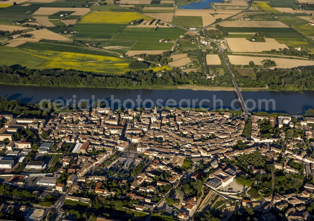 Bourg-Saint-Andéol from above - City center on the banks of the river Rhone in Le Bourg-Saint-Andeol in the province of Rhone-Alpes in France