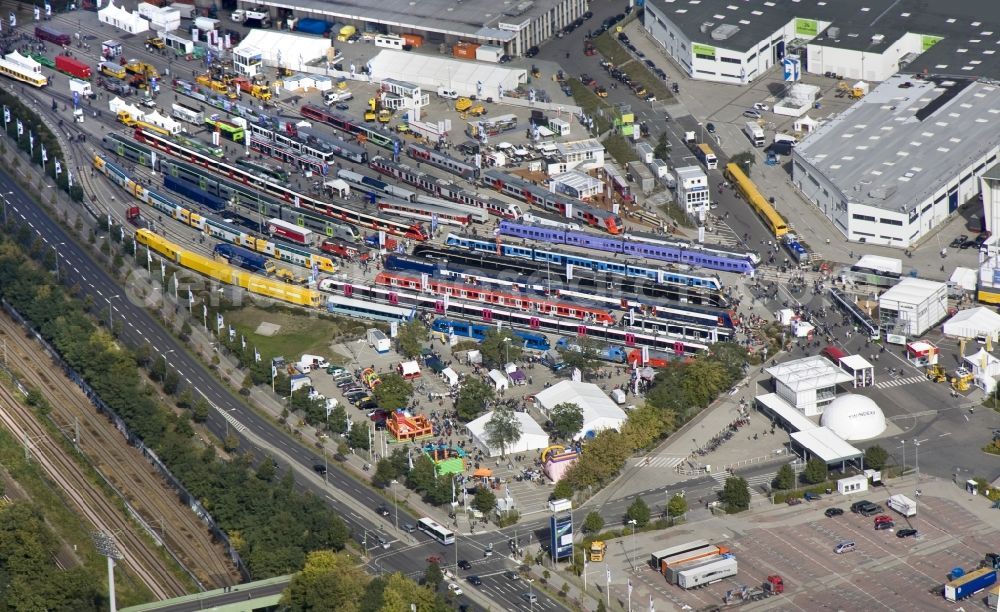 Aerial photograph Berlin - InnoTrans auf dem Messegelände im Berliner Ortsteil Westend des Bezirks Charlottenburg-Wilmersdorf. Die InnoTrans ist eine international bedeutende Fachmesse für Schienenfahrzeuge, Verkehrstechnik und Fahrzeugsysteme.// InnoTrans on the exhibition center in Westend district of Charlottenburg-Wilmersdorf Berlin. The InnoTrans is an international trade fair for transport technology and vehicle systems.