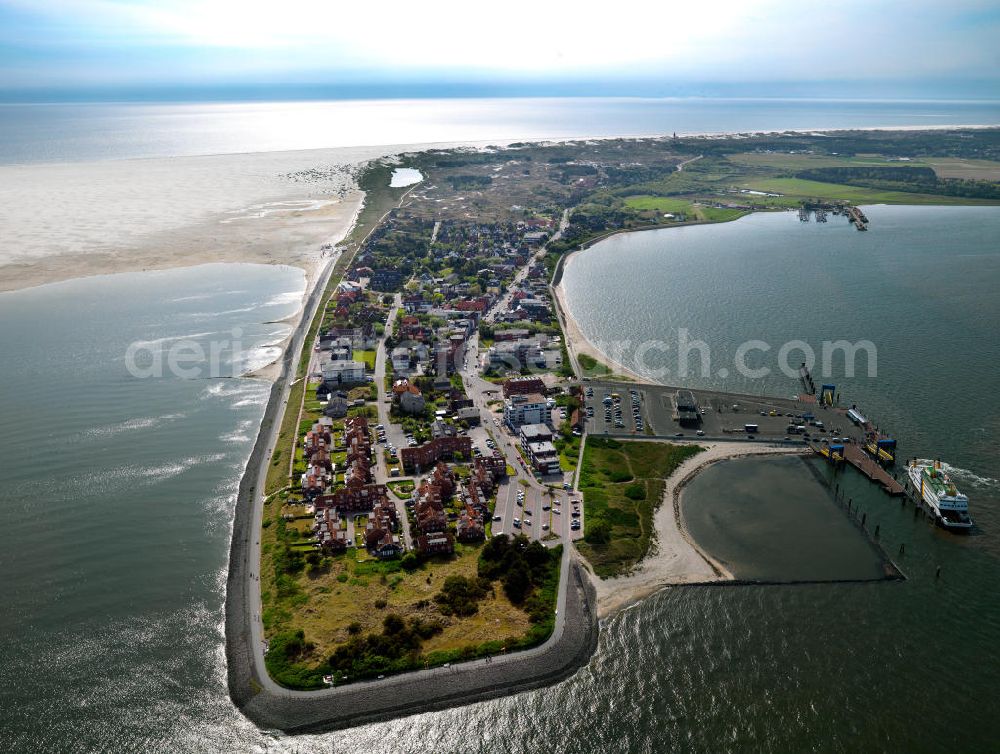 Aerial image Amrum - Blick auf die Insel Amrum, einer nordfriesischen Insel im Nationalpark Schleswig-Holsteinisches Wattenmeer in Nordfriesland in Schleswig-Holstein. Amrum ist die zehntgrößte Insel Deutschlands und gehört zu den drei nordfriesischen Geestkerninseln. Charakteristisch für die Insel ist der westlich angelagerten Kniepsand und dem kleinen westlich vorgelagerten Jungnamensand. Die fünf Orte der Insel liegen überwiegend im Osten der Insel – von Nord nach Süd – Norddorf auf Amrum, Nebel, Süddorf, Steenodde und Wittdün auf Amrum. Amrum, the third largest German island in North Friesland in Schleswig-Holstein.