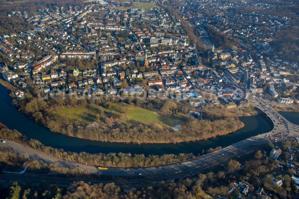 Essen from above - Island Brehminsel on the banks of the river course the Ruhr in the district Stadtbezirke IX in Essen in the state North Rhine-Westphalia