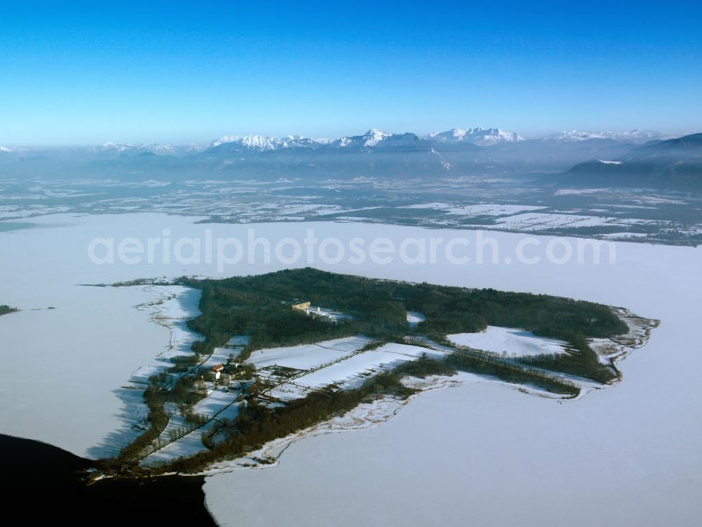 Chiemsee from above - Herrenchiemsee is a complex of royal buildings on the Herreninsel, an island in the Chiemsee, Bavaria's largest lake