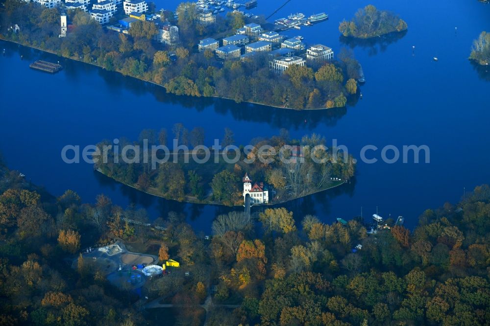 Berlin from above - Island on the banks of the river course of Spree River in the district Treptow in Berlin, Germany