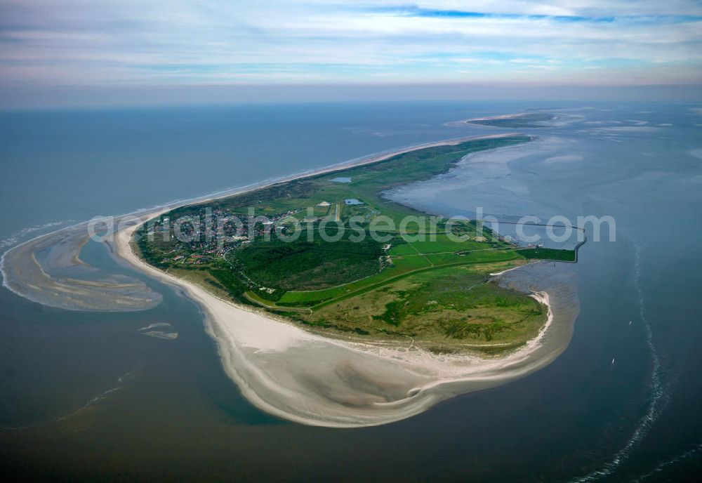 Langeoog from the bird's eye view: Langeoog is one of the seven inhabited East Frisian Islands at the edge of the Lower Saxon Wadden Sea in the southern North Sea