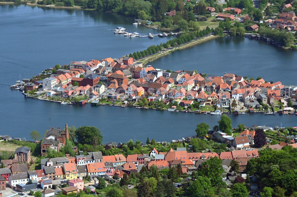 Malchow from above - Island area in Malchower See with the village center in Malchow in the state Mecklenburg - Western Pomerania, Germany