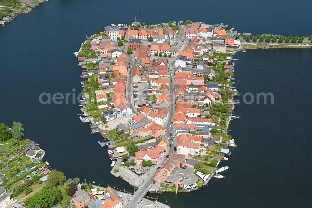 Malchow from above - Island area in Malchower See with the village center in Malchow in the state Mecklenburg - Western Pomerania, Germany