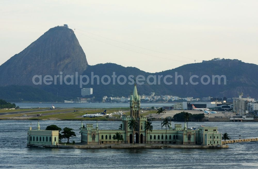 Aerial image Rio de Janeiro - Island - Ilha Fiscal Palace in the Guanabara Bay at the airport in Rio de Janeiro in Brazil