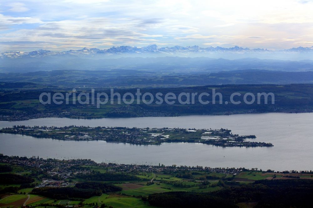 Aerial image Reichenau - Reichenau island in the Lake Constance in Reichenau in the state Baden-Wuerttemberg, Germany. Looking to the Swiss Alps