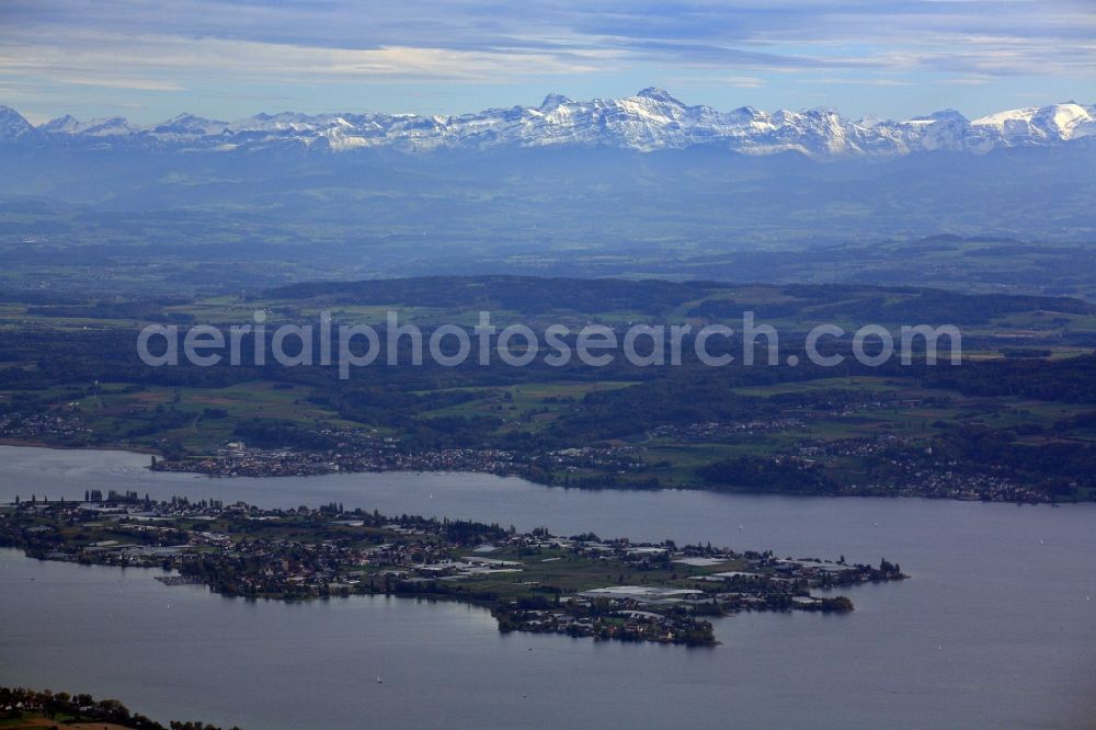 Reichenau from above - Reichenau island in the Lake Constance in Reichenau in the state Baden-Wuerttemberg, Germany. Looking to the Swiss Alps