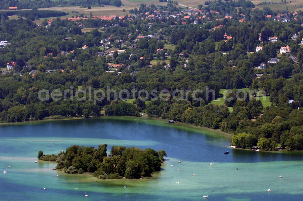 Aerial image Kochel am See - Blick auf die Insel Sassel im Walchensee.