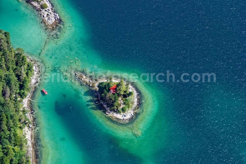 Grainau from above - ^Schoenbuehl island in the Eibsee lake in Grainau in the state Bavaria, Germany