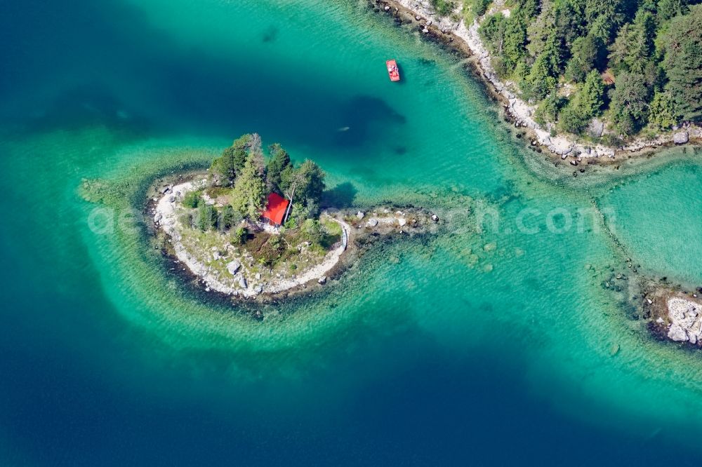 Grainau from the bird's eye view: ^Schoenbuehl island in the Eibsee lake in Grainau in the state Bavaria, Germany