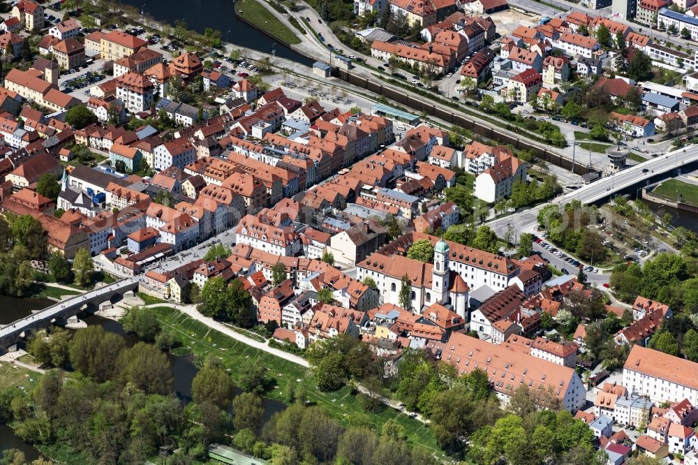 Regensburg from above - Island Stadtamhof on the banks of the river course of the river Danube in Regensburg in the state Bavaria, Germany