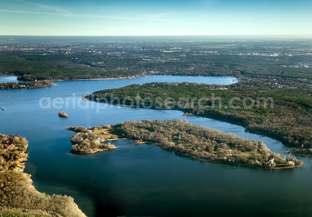 Berlin from the bird's eye view: Island on the banks of the river course of Havel, of Pfaueninsel, in Berlin, Germany