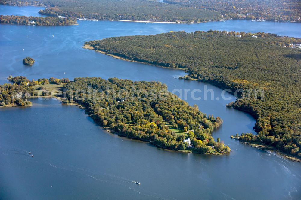 Aerial image Berlin - Island on the banks of the river course of Havel, of Pfaueninsel, in Berlin, Germany