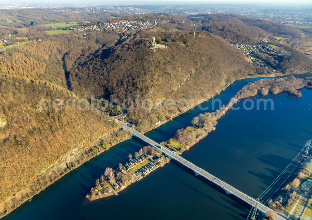 Hagen from the bird's eye view: Island on the banks of the river course of the Ruhr with a bridge construction along the Dortmunder Strasse in the district Syburg in Hagen in the state North Rhine-Westphalia, Germany