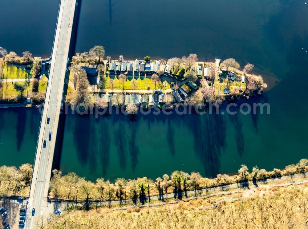 Aerial image Hagen - Island on the banks of the river course of the Ruhr with a bridge construction along the Dortmunder Strasse in the district Syburg in Hagen in the state North Rhine-Westphalia, Germany